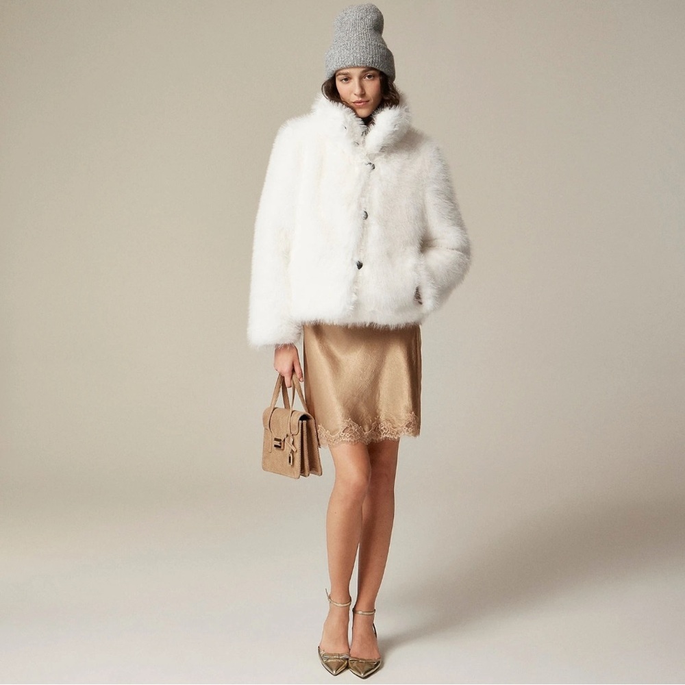 New J Crew Collection White Faux Fur Coat Jacket Medium NWT